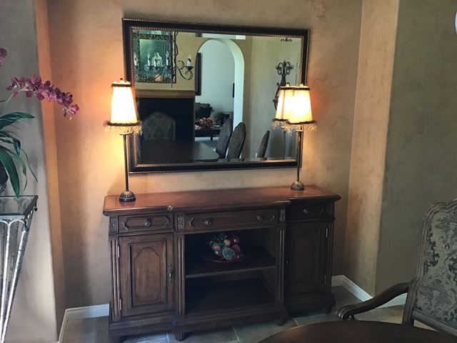 Solid wood buffet plus framed mirror and lamps