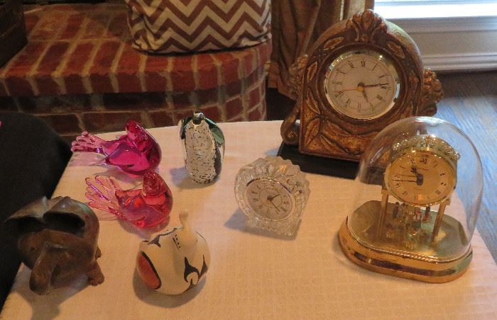 Murano glass birds, clocks