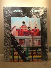 Large oil on canvas by L. A. artist Mike Rosenfeld "The Mask", 1990. 