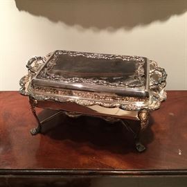 Large silver plate chaffing dish with stand.