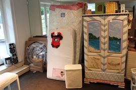 Hand painted furniture,  Pottery Barn votive holder sculptures and hand painted wardrobe.