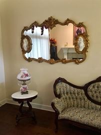 Harp marble top table and  gilded mirror 