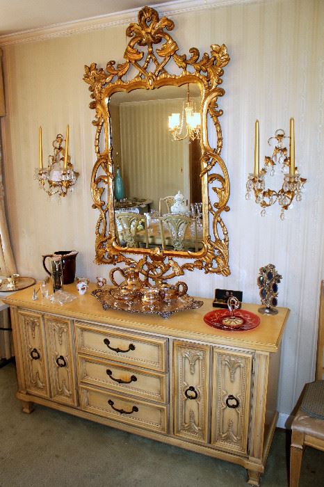 Broyhill Premier dining furniture (dining table with 8 chairs, china cabinet, and sideboard), large ornate gilt mirror, crystal sconces
