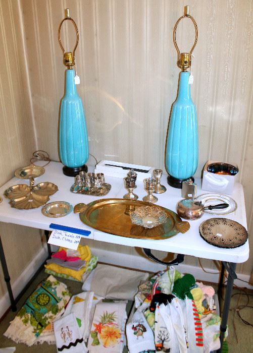 Retro ceramic lamps, silverplate and a few sterling pieces, kitchen towels