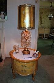Marble-top end table, Hollywood Regency crystal lamp (pair)