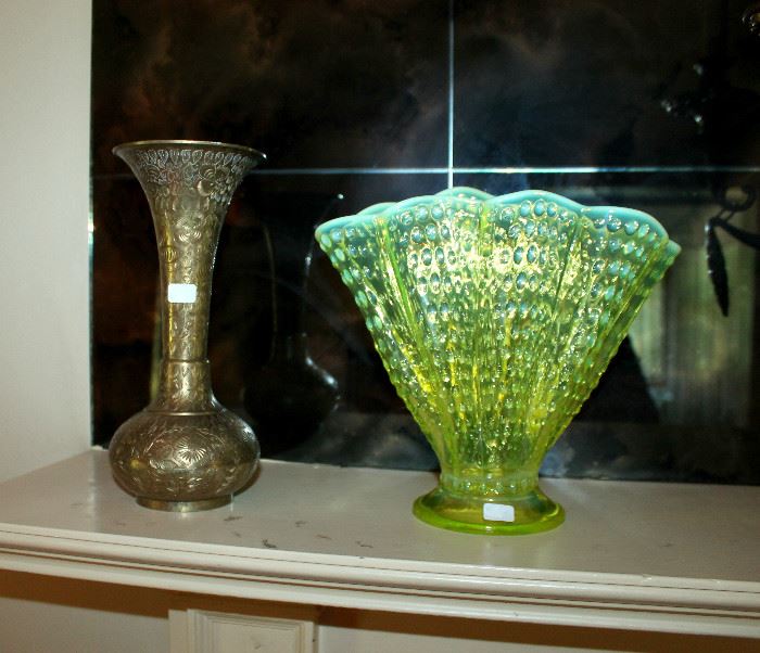 1940's Fenton "Hobnail" topaz opalescent fan vase, etched brass vase