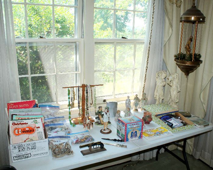 Jewelry bag lots, ceramic figurines, sculptures, books
