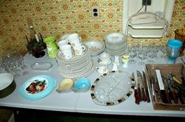Dishes, glassware, Pigeon Forge Pottery, knives