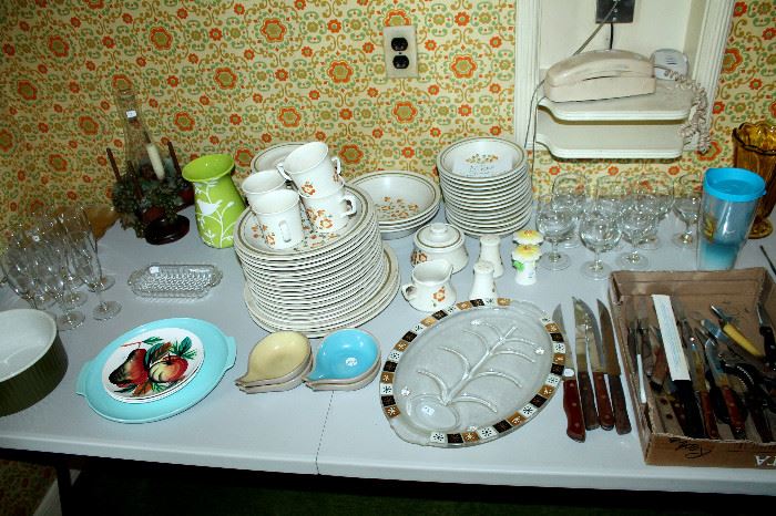 Dishes, glassware, Pigeon Forge Pottery, knives