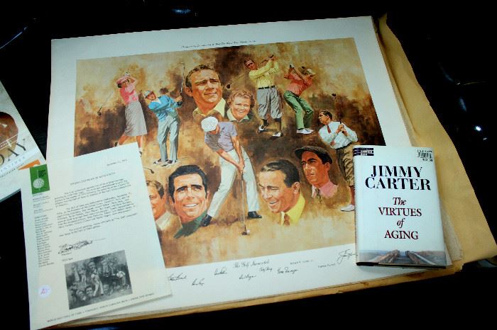 Jimmy Carter signed book, "The Golf Immortals" print