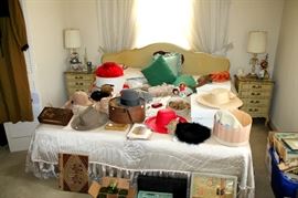 French provincial bedroom furniture - king bed with mattress, 2 nightstands, dresser with mirror, and vanity desk with chair