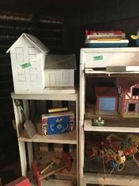 Toy Wooden House and Vintage Fischer Price Toys