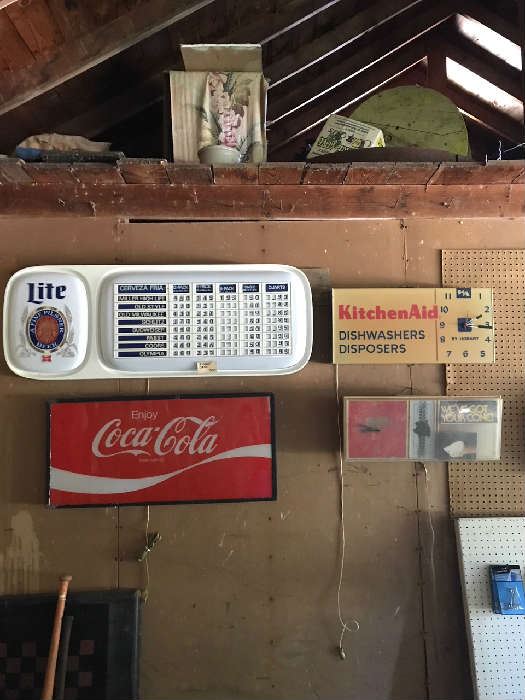 Coca Cola Sign, Kitchen Aid Sign, and other signs
