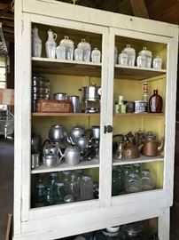 Large White Cupboard, Ball Jars, Coffee Pots, and Tea Kettles