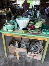 Green Enamel Top Table, Dishes, and Pottery