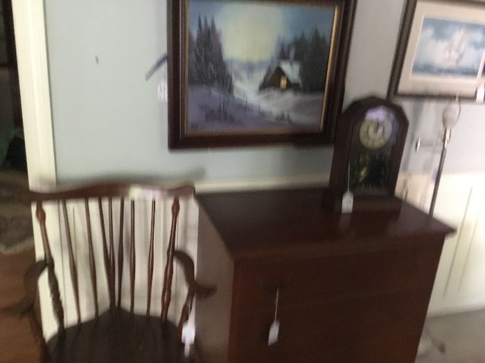 Batchelor’s chest, antique clock and a Windsor arm chair