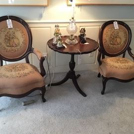 Gentleman and lady’s repro chairs, pie crust tea table and one of a pair of crystal lamps.