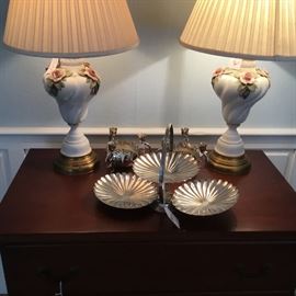 Pair of vintage lamps plus silver plate serving pieces.