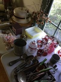 The Cranberry glass, ruby flashed pieces, and some of the untensils
