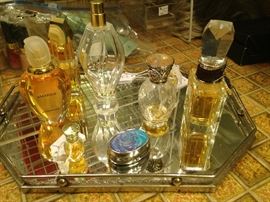 Perfume bottles; vanity mirrored tray