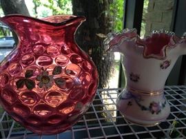 Vintage hand painted cranberry pitcher and vase by Fenton "Charleton Collection" 