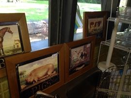 Framed animal pictures (horse, pig, rabbit, cow)
