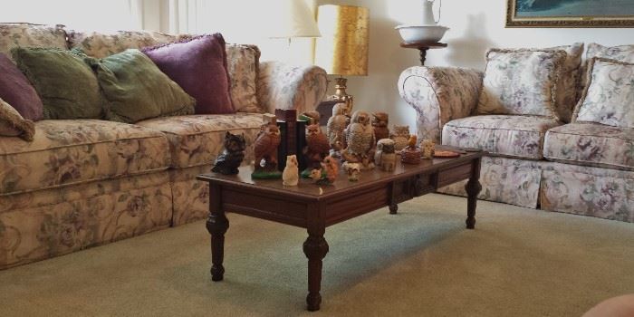Sofa, loveseat and owl-themed collectibles