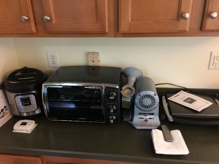 InstantPot, DeLongi convection toaster over w/ rotisserie attachment , Champion juicer, panini maker
