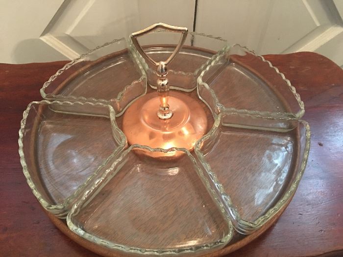 Mid century burnished wooden appetizer tray
