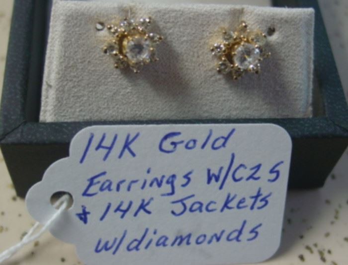 14K Gold Earrings w/CZ Stones & 14K Gold Jackets w/Diamonds