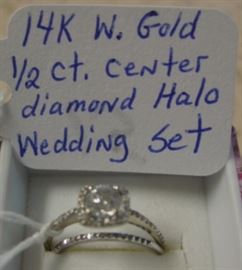 14K White Gold, 1/2 ct Center Diamond Halo Wedding Set w/Diamond Band