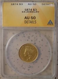 ANACS Graded AU 50 1874 Gold $3.00 Coin