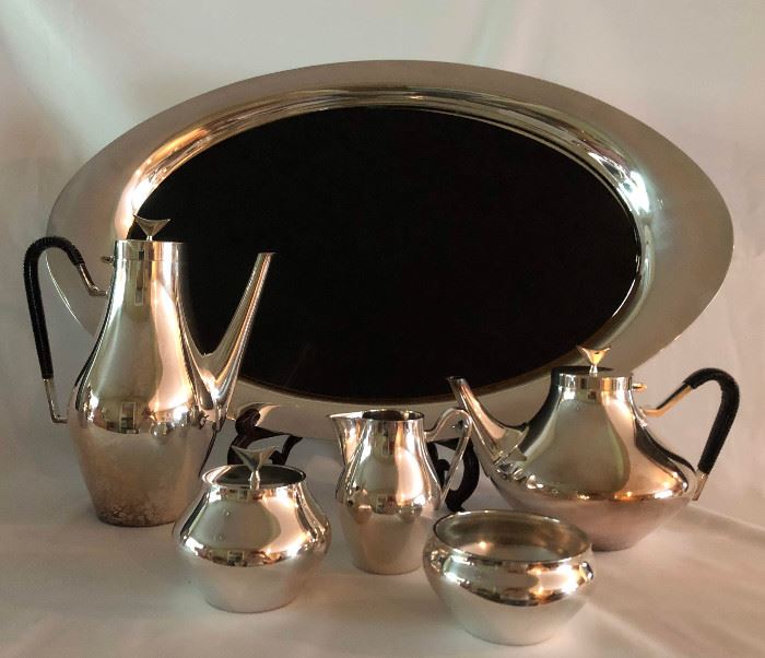 American Silver Plate Diamond Pattern Six-Piece Tea & Coffee Set, Designed By John Prip After Gio Ponti, Reed & Barton, circa 1960