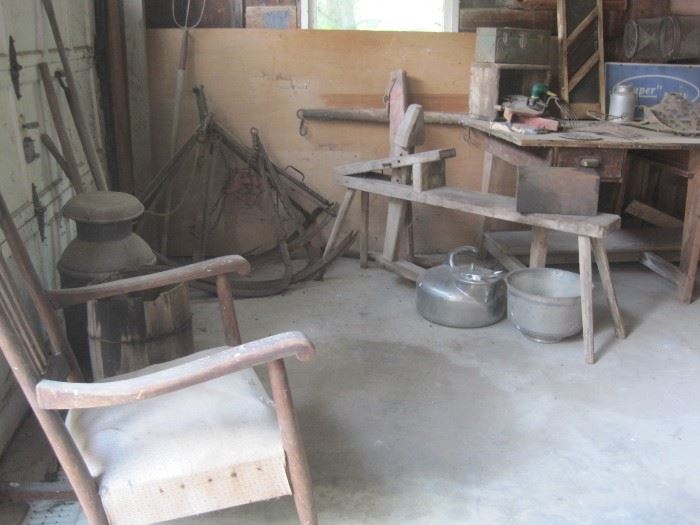 chair, milk can & barn items