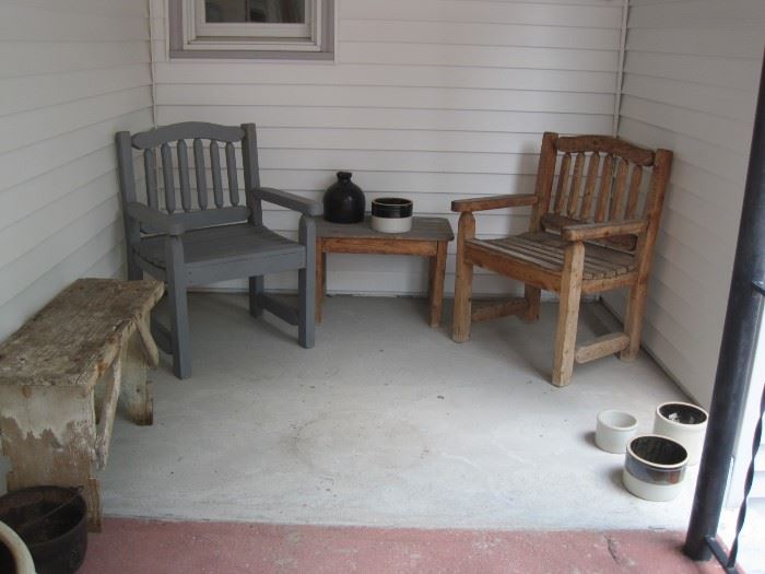 wooden bench,  porch chairs & crocks 