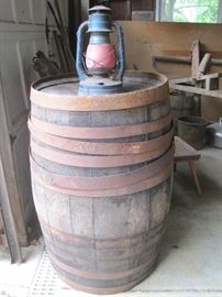 large wooden barrel & lantern