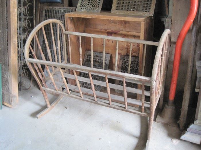 wooden cradle & cast iron floor grates
