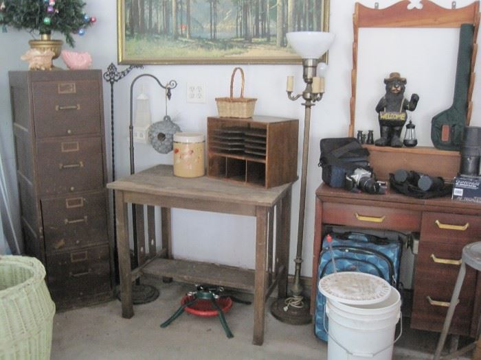 desk, stand, flor lamps, file cabinet & wicker basket