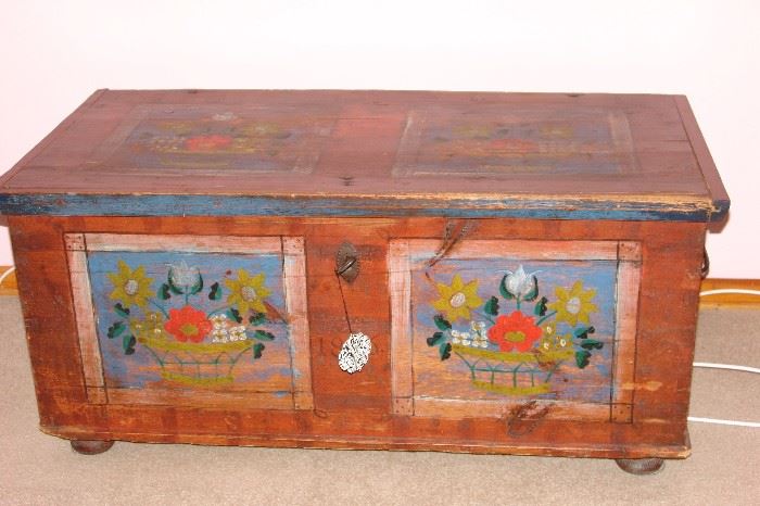 Dated 1856 Dower Chest..Bought in Pennsylvania, typical of Berks County, hand painted, soft wood, all hinges and key are original.. Very Nice.