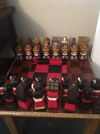 Purchased in 1970 in Valencia, Spain. Handmade, hand painted chess set. Custom made board.