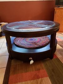 La-Z-Boy circular glass topped coffee table with lower surface and two bottom drawers.40” width