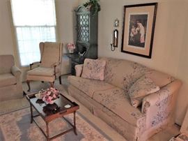 Brandt Tray Top Coffer Table, Floral Sofa, 2 arm Chairs