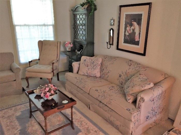 Brandt Tray Top Coffer Table, Floral Sofa, 2 arm Chairs