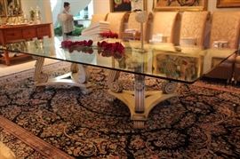 Country French Dining Room Table and 14 Chairs (120x60” with 3/4” Glass Top)