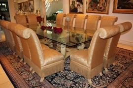 Country French Dining Room Table and 14 Chairs (120x60” with 3/4” Glass Top)