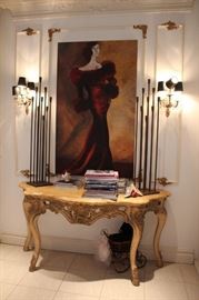 Demi Lune Table with Large Art, Candle Sticks and Sconces