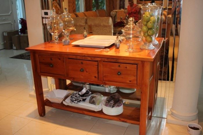 Wood Table with 3 Drawers and Bottom Shelf with Decorative