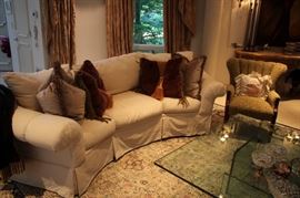 Down/Goose Sofas with Accent Pillows, Side Chair and Glass Coffee Table