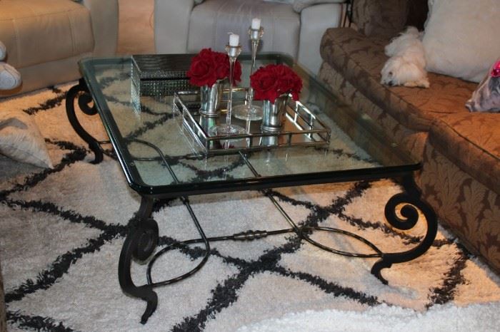 Safavieh Shag Contemporary Diamond Pattern Area Rug &  Bloomingdales Home Glass and Wrought Iron Coffee Table