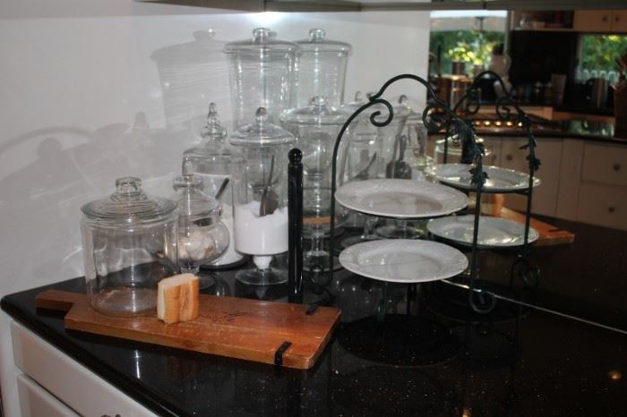 Assorted Kitchenware including Pair of Multilevel Candy Dish / Baking Stand and Glass Cannisters